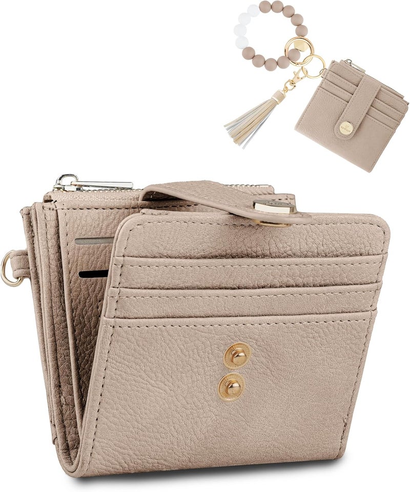 Sunpour Small Wristlet Wallets for Women Keychain Wristlet Wallet RFID Blocking Key Chain Wallet With Zipper Coin Pocket,2 Id Window (Light Camel) - Image 1